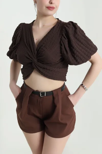Kahverengi V Yaka Gofre Kadın Crop 456751
