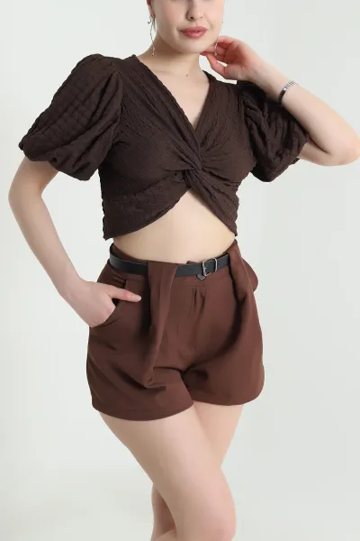 Kahverengi V Yaka Gofre Kadın Crop 456751