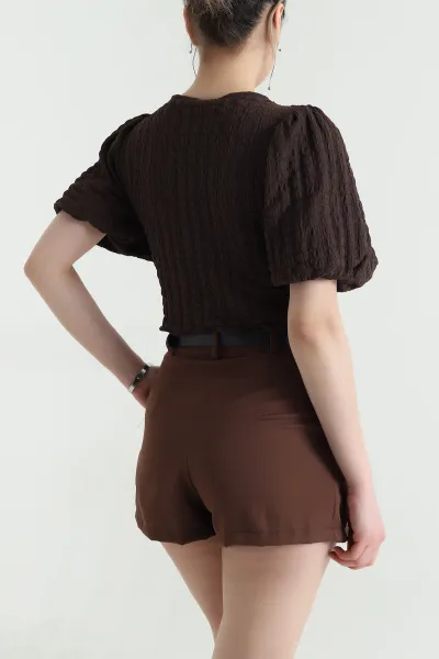 Kahverengi V Yaka Gofre Kadın Crop 456751