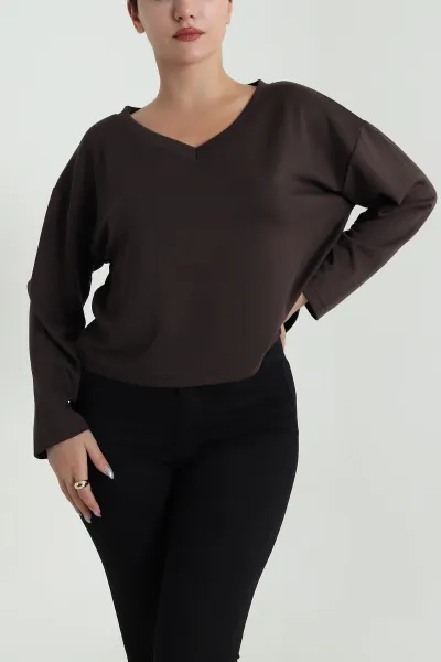 Kahverengi V Yaka Modal Kadın Bluz 483080