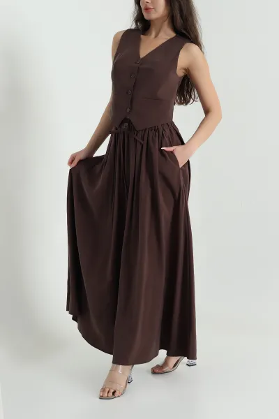 Kahverengi V Yaka Tencel Kadın İkili Takım 462586