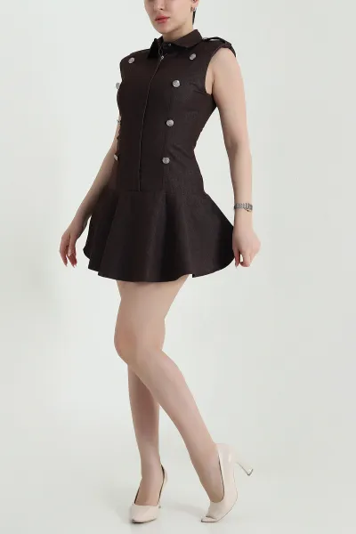 Kahverengi Vatkalı Düğmeli Denim Kadın Elbise 462041