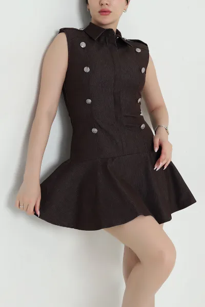 Kahverengi Vatkalı Düğmeli Denim Kadın Elbise 462041