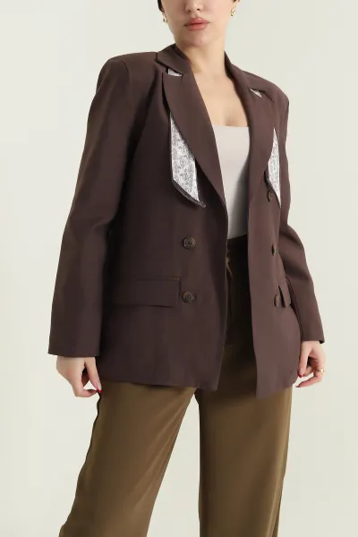 Kahverengi Vatkalı Keten Blazer Kadın Ceket 435722
