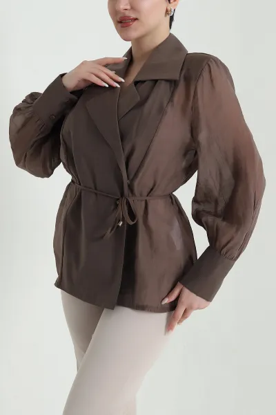 Kahverengi Vatkalı Tencel Kadın Gömlek Bluz 451993