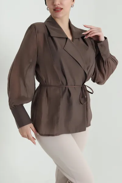Kahverengi Vatkalı Tencel Kadın Gömlek Bluz 451993