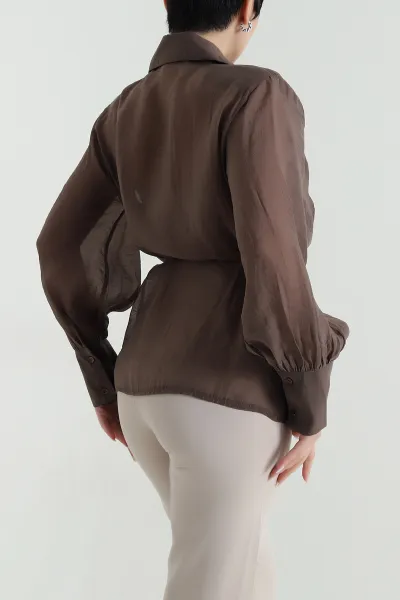 Kahverengi Vatkalı Tencel Kadın Gömlek Bluz 451993