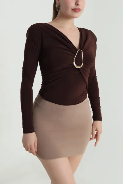Kahverengi Vatkalı Tokalı Sandy Kadın Bluz 484956