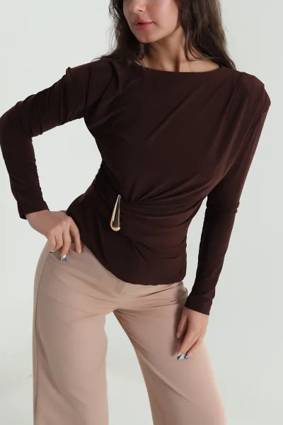 Kahverengi Vatkalı Tokalı Sandy Kadın Bluz 484961