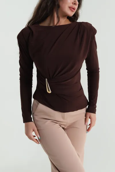 Kahverengi Vatkalı Tokalı Sandy Kadın Bluz 484961