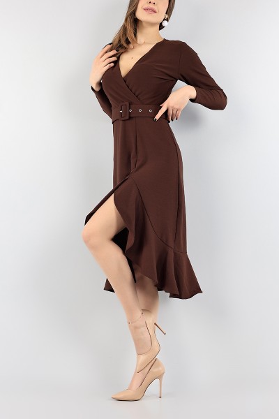 Kahverengi Volanlı Kruvaze Elbise 96056