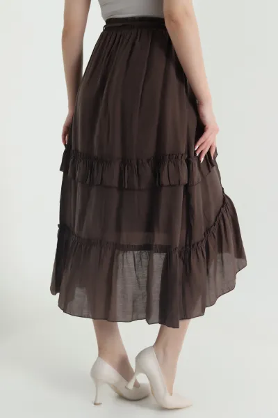 Kahverengi Volanlı Tencel Kadın Etek 443047