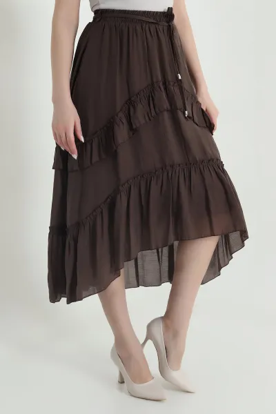 Kahverengi Volanlı Tencel Kadın Etek 443047