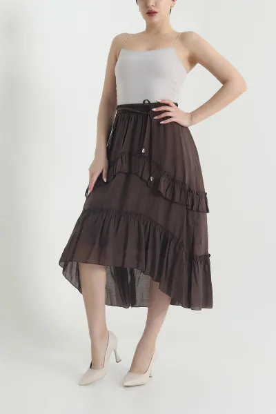 Kahverengi Volanlı Tencel Kadın Etek 443047