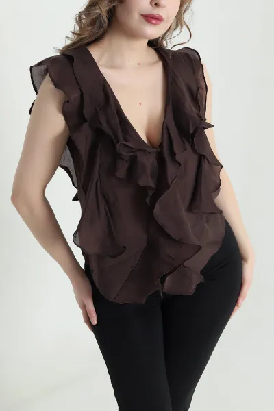 Kahverengi Volanlı Tensel Kadın Bluz 441528