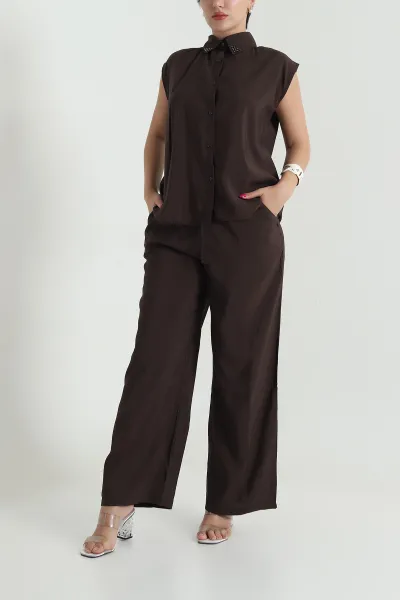 Kahverengi Yaka İncili Tencel Kadın İkili Takım 475224