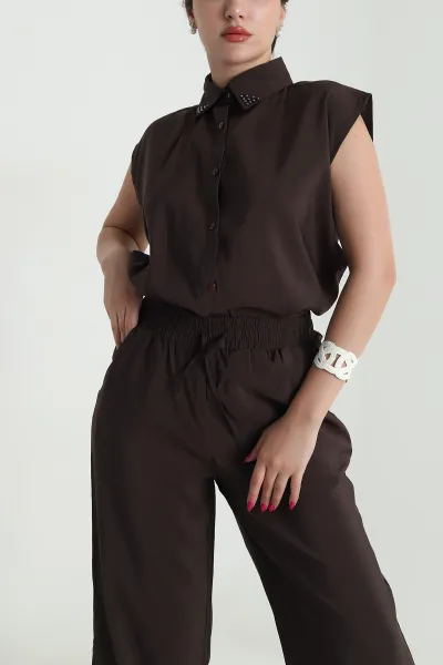 Kahverengi Yaka İncili Tencel Kadın İkili Takım 475224