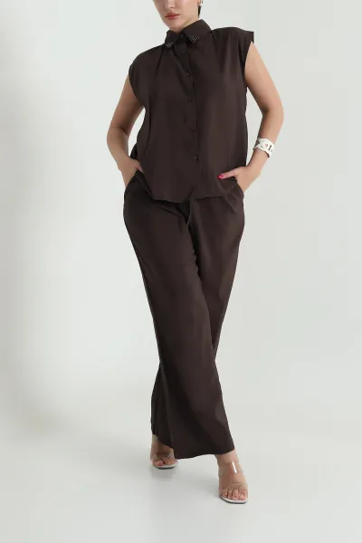 Kahverengi Yaka İncili Tencel Kadın İkili Takım 475224