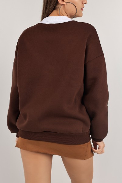 Kahverengi Yakalı İçi Şardonlu Bayan Sweat 139525
