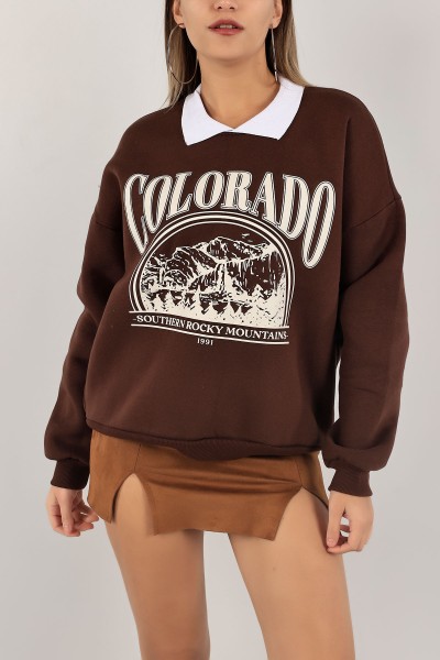 Kahverengi Yakalı İçi Şardonlu Bayan Sweat 139525