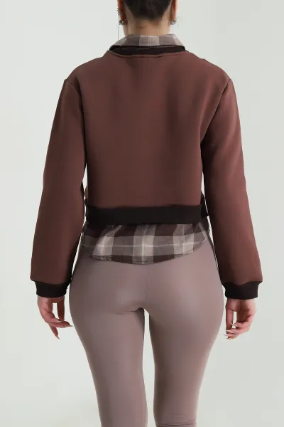 Kahverengi Yakası Çıkma Ekose Garnili Kadın Şardonlu Sweat 492758