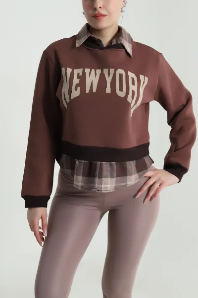 Kahverengi Yakası Çıkma Ekose Garnili Kadın Şardonlu Sweat 492758
