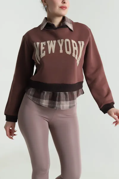 Kahverengi Yakası Çıkma Ekose Garnili Kadın Şardonlu Sweat 492758