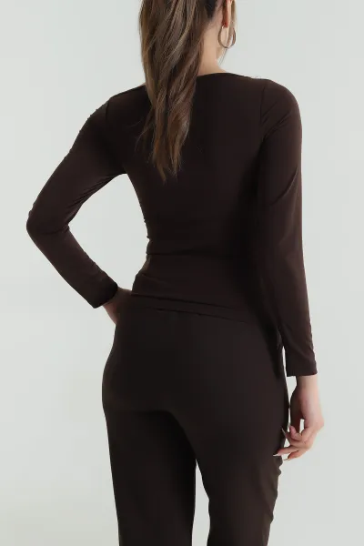 Kahverengi Yakası Dantelli Sandy Kadın Bluz 487038