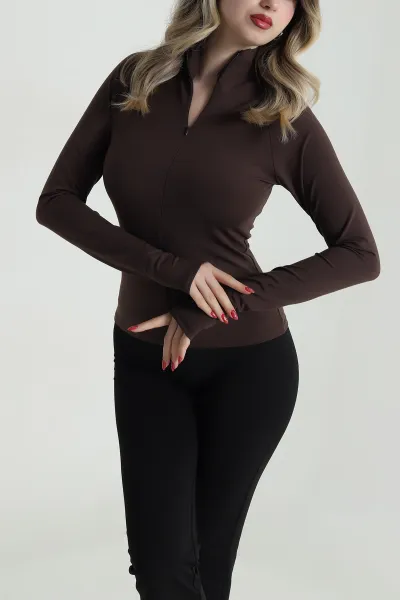 Kahverengi Yakası Fermuarlı Belize Kadın Bluz 485451