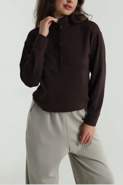 Kahverengi Yakası Fermuarlı Modal Kadın Sweat 488256