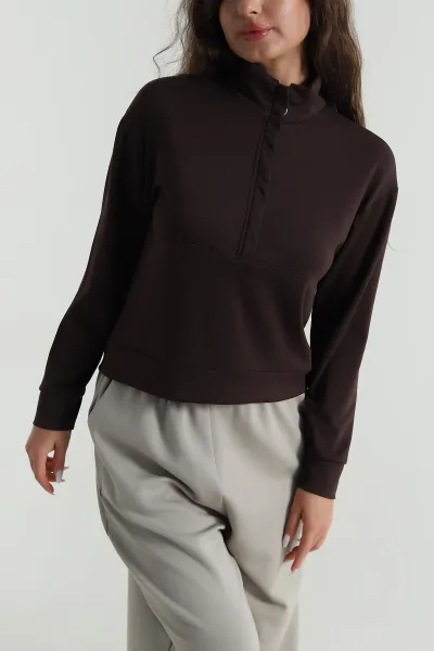 Kahverengi Yakası Fermuarlı Modal Kadın Sweat 488256