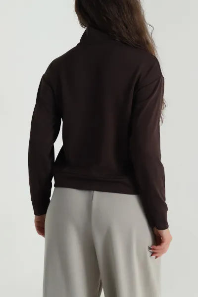Kahverengi Yakası Fermuarlı Modal Kadın Sweat 488256