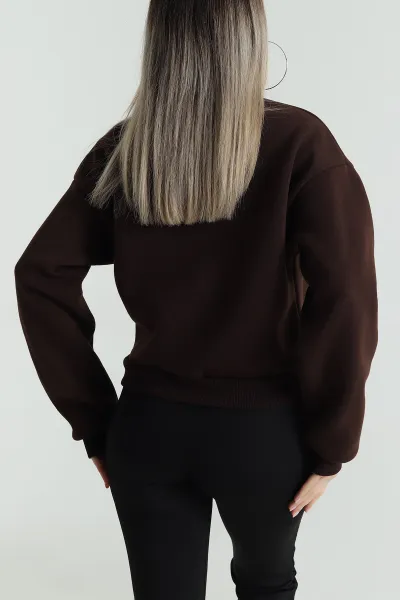 Kahverengi Yakası Fermuarlı Şardonlu Üç İp Kadın Sweat 487941