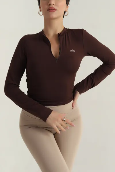 Kahverengi Yakası Fermuarlı Scuba Kadın Body Bluz 404041