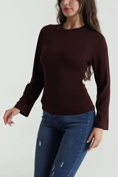 Kahverengi Yanı Büzgülü Modal Kadın Bluz 484400