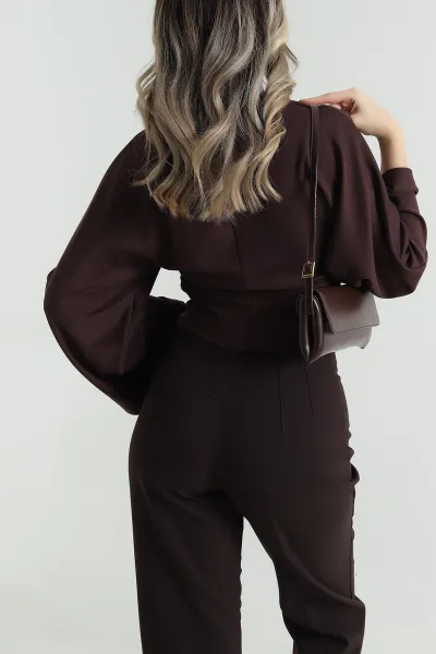 Kahverengi Yanı Büzgülü Modal Kadın Bluz 491260
