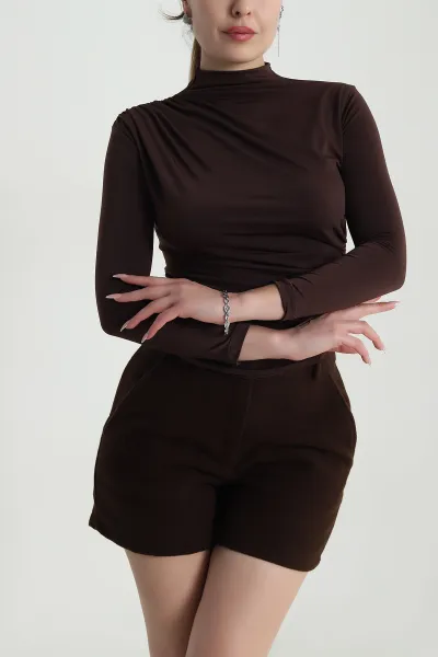 Kahverengi Yanı Büzgülü Sandy Kadın Bluz 491340