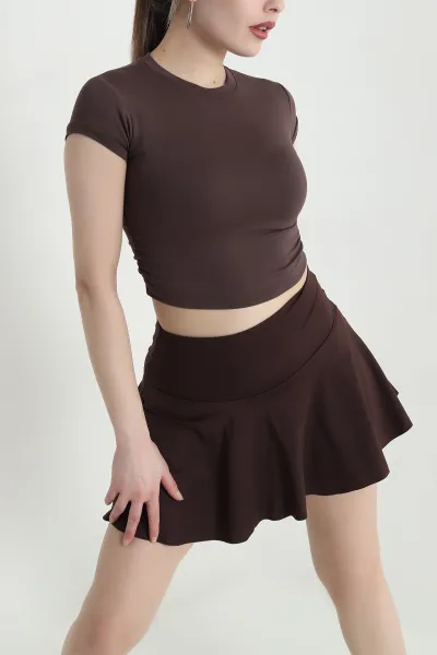 Kahverengi Yanları Büzgülü Buzzy Kadın Crop 440367