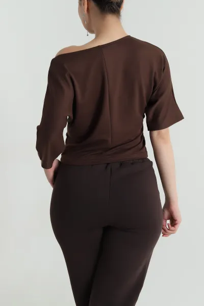 Kahverengi Yarasa Kol Baskılı Kadın Kristal Bluz 483254