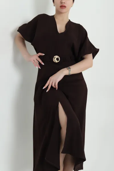 Kahverengi Yarasa Kol İthal Crep Kadın Elbise 446694