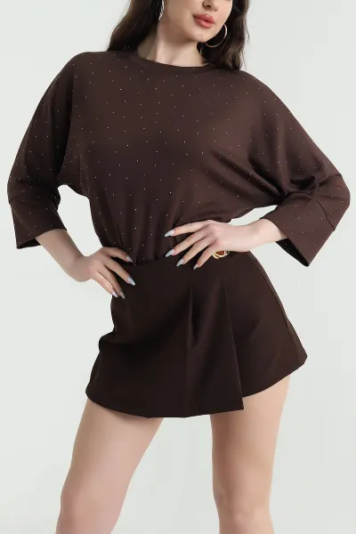Kahverengi Yarasa Kol Modal Kadın Bluz 448958