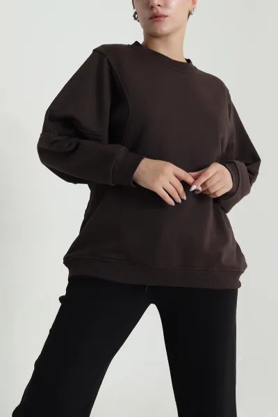 Kahverengi Yarasa Kol Üç İp Kadın Sweat 484260