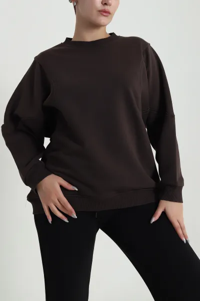 Kahverengi Yarasa Kol Üç İp Kadın Sweat 484260