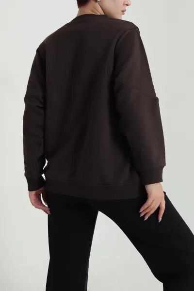 Kahverengi Yarasa Kol Üç İp Kadın Sweat 484260