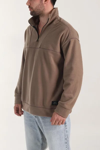 Kahverengi Yarım Fermuarlı Dik Yaka Dikiş Detaylı Polar Kumaş Erkek Sweatshirt 404322
