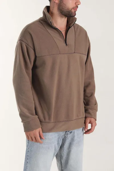 Kahverengi Yarım Fermuarlı Dik Yaka Dikiş Detaylı Polar Kumaş Erkek Sweatshirt 404322