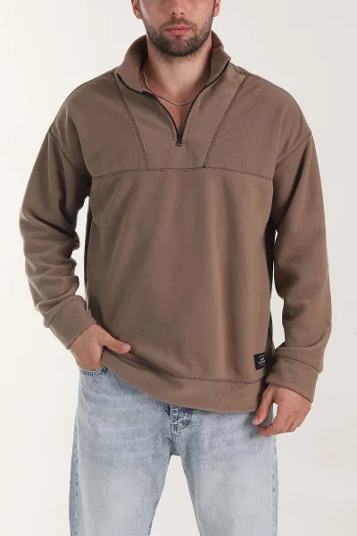 kahverengi-yarim-fermuarli-dik-yaka-dikis-detayli-polar-kumas-erkek-sweatshirt-404322