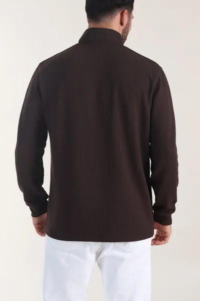 Kahverengi Yarım Fermuarlı Dik Yaka Dokulu Erkek Sweatshirt 406840