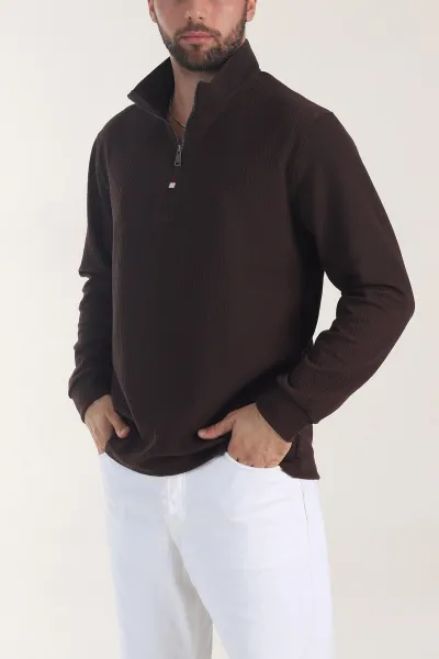Kahverengi Yarım Fermuarlı Dik Yaka Dokulu Erkek Sweatshirt 406840
