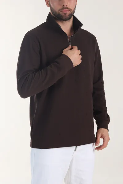 Kahverengi Yarım Fermuarlı Dik Yaka Dokulu Erkek Sweatshirt 406840